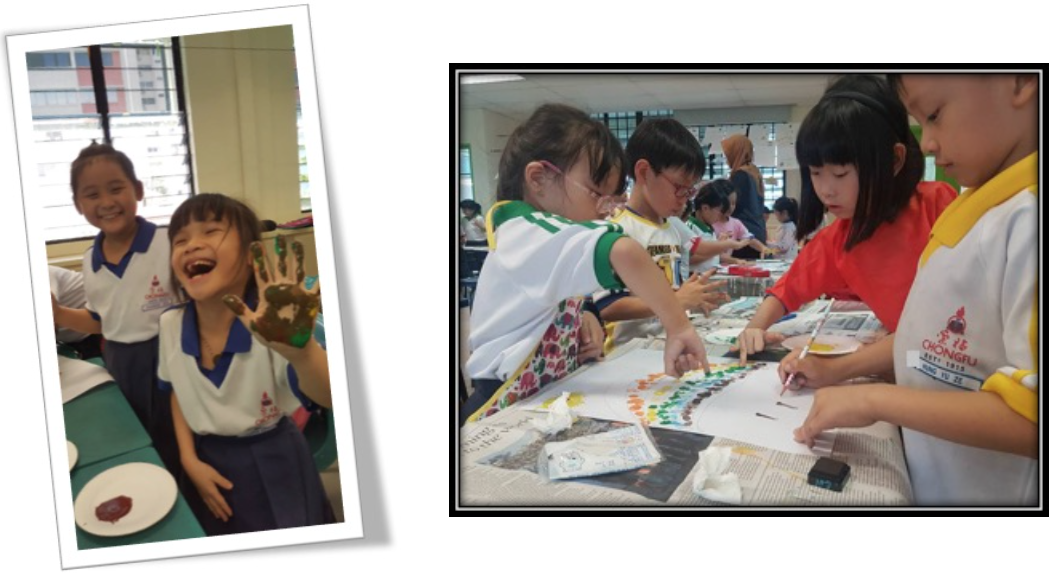 Two photos of young children doing art: one shows a laughing girl with paint on her hand, the other shows kids painting at a table.